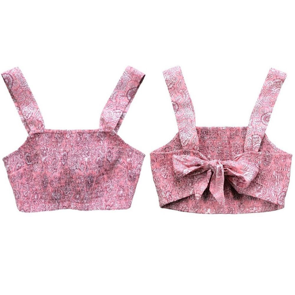 House of Harlow 1960 Smocked Tie Back Crop Top in Pink Paisley Floral